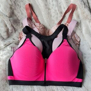 3 Victoria's Secret Sports Bra Knockout Zip Front Support Point Set Pink Black